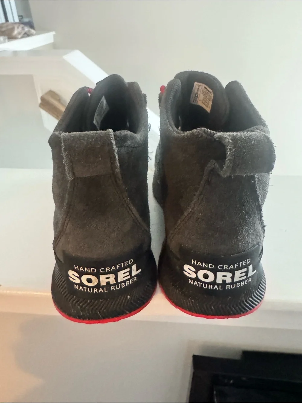 Sorel Kids Dark Gray Suede Rain Boots with Red Laces
